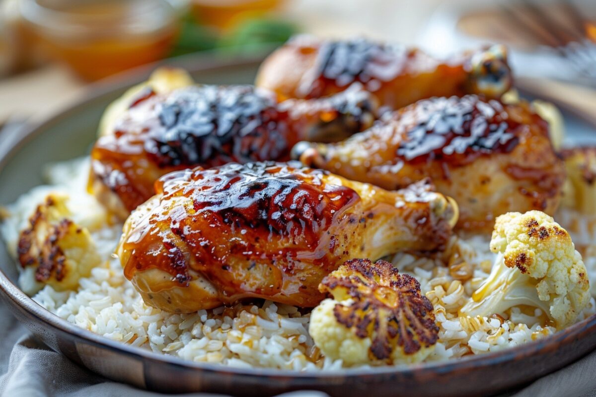 Comment transformer un repas ordinaire en un délice festif : découvrez la magie du poulet caramélisé au miel avec chou-fleur et riz