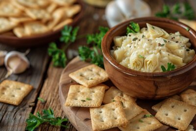 Comment votre prochain apéro pourrait surprendre vos invités : des crackers à la farine de pois-chiches et une tartinade d'artichauts délicieuse