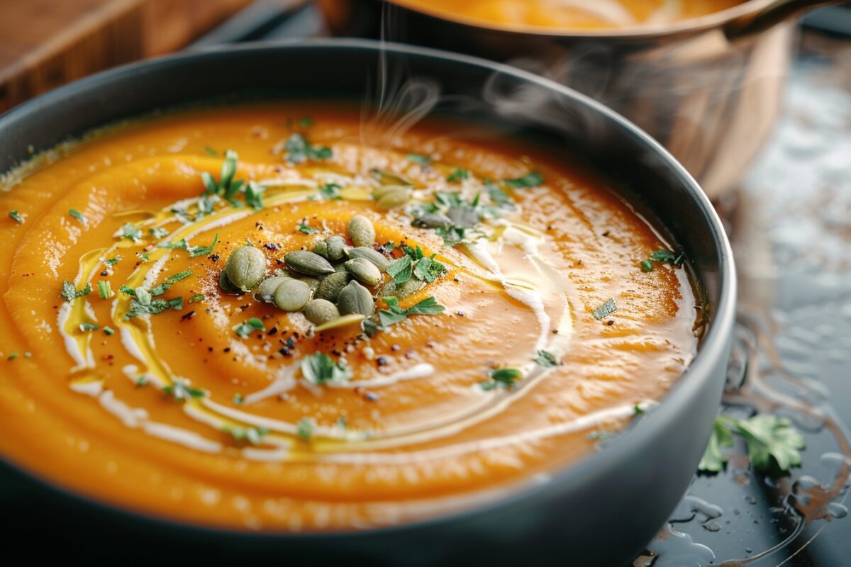 Pourquoi ne pas essayer cette soupe de potimarron au lait de coco ce soir : votre palais vous remerciera